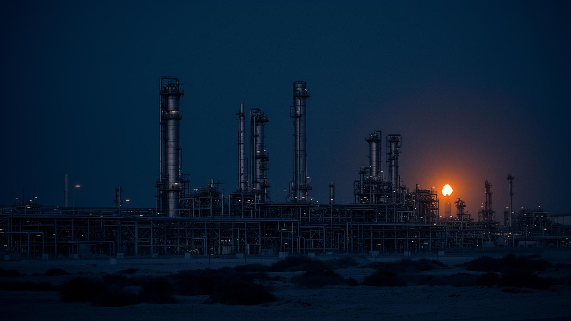 Saudi industrial refinery at dusk